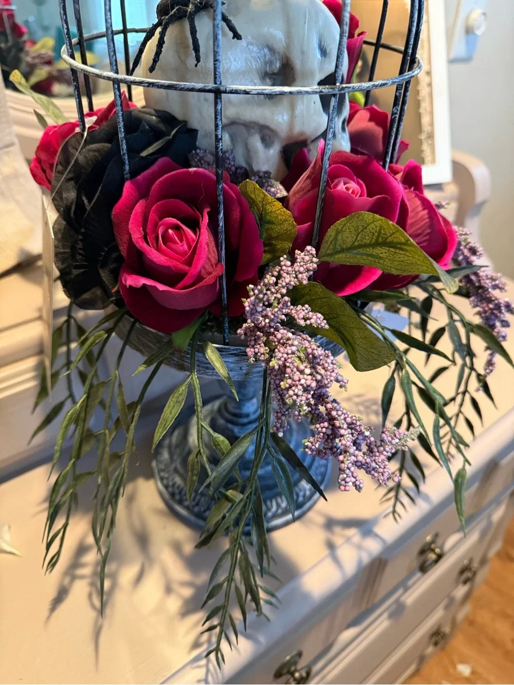 Martha Stewart 19’ Skull In Bird Cage with Dark Red Roses New With Tags